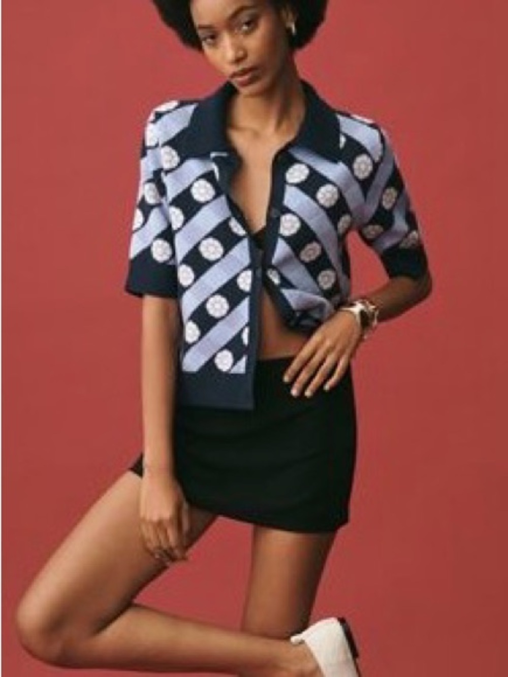 Maeve Navy and Light Blue Striped Geo Button-Down Top